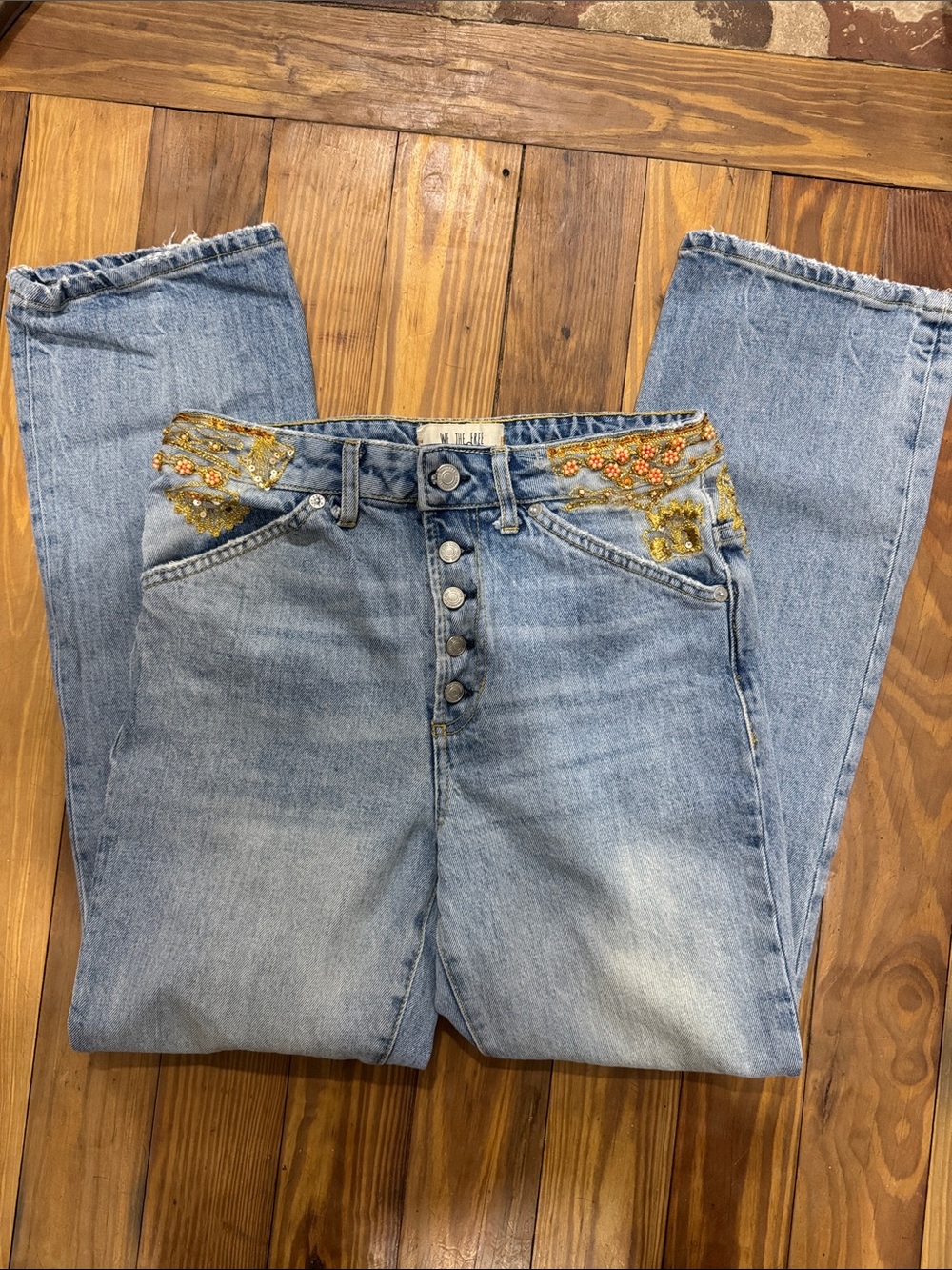 We The Free Light Blue Straight Leg Jeans with Gold Embroidered & Red Bead Waist - Picture 6 of 11